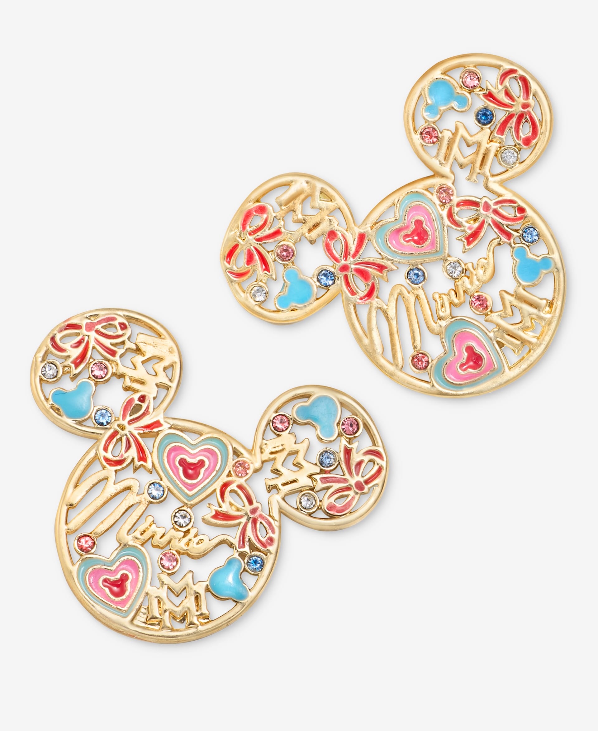 Gold Mickey Mouse earrings from the Disney 2025 Holiday Collection, featuring enamel hearts and bows, sold online at Disney Parks.