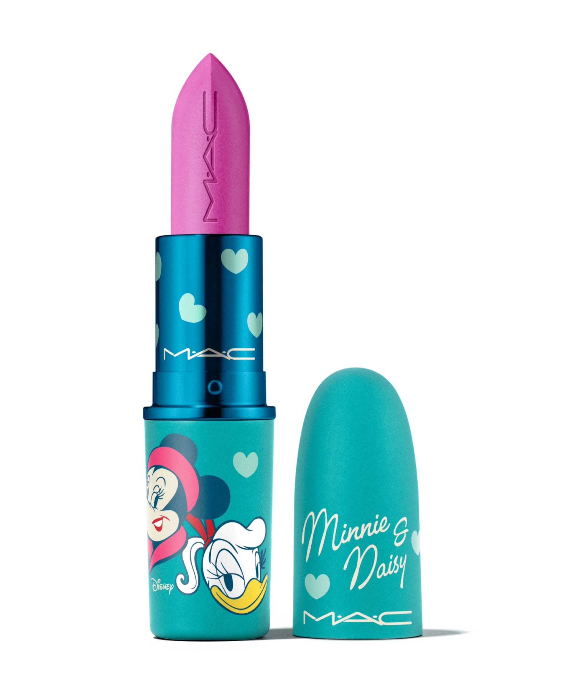 A pink MAC lipstick from the 2025 Holiday Collection in a Disney tube with Minnie and Daisy, cap off beside it—park exclusive.