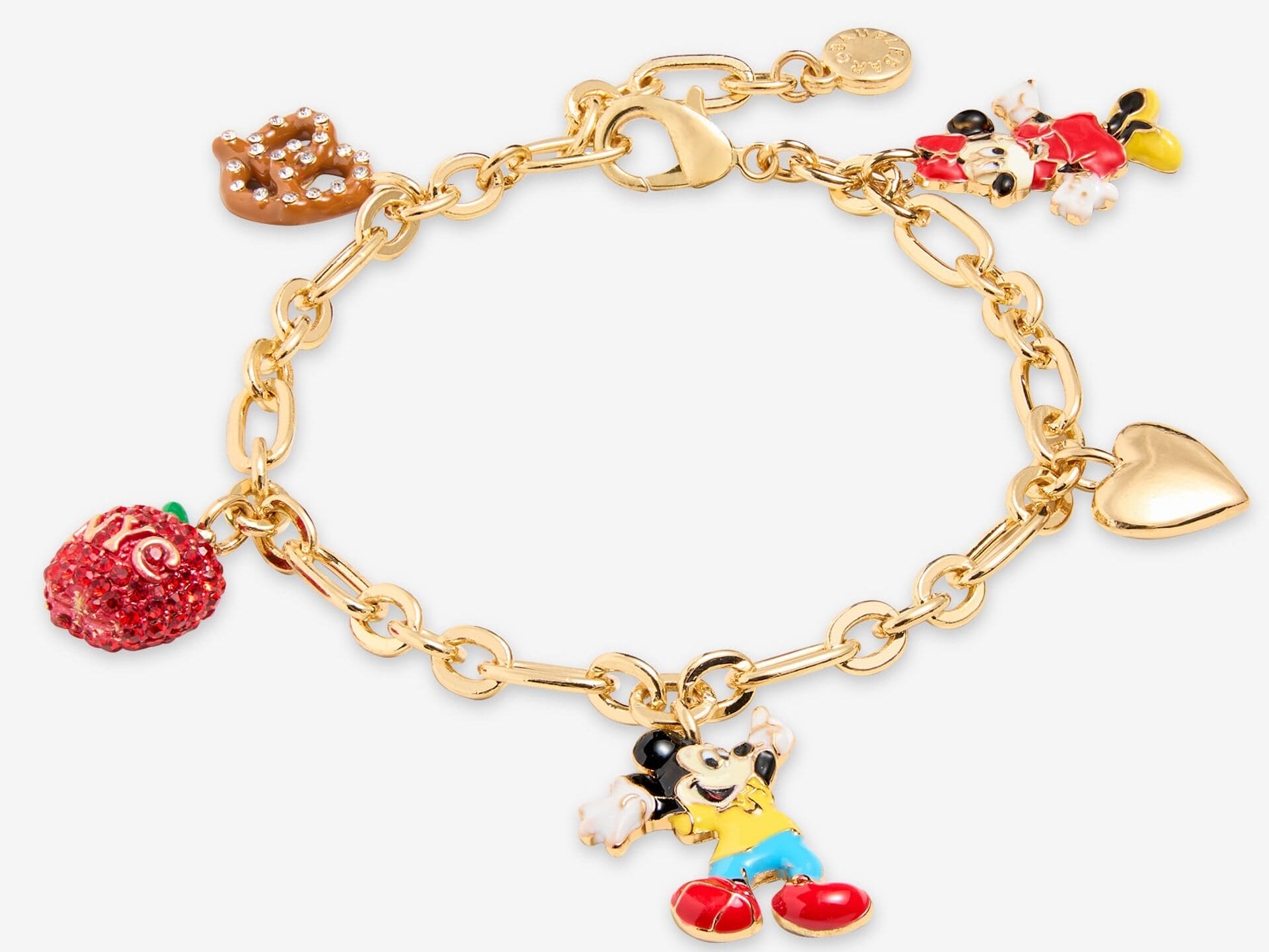 Gold chain charm bracelet from Macy's Disney 2025 Holiday Collection with park-inspired Mickey, Minnie, apple, pretzel & heart charms.