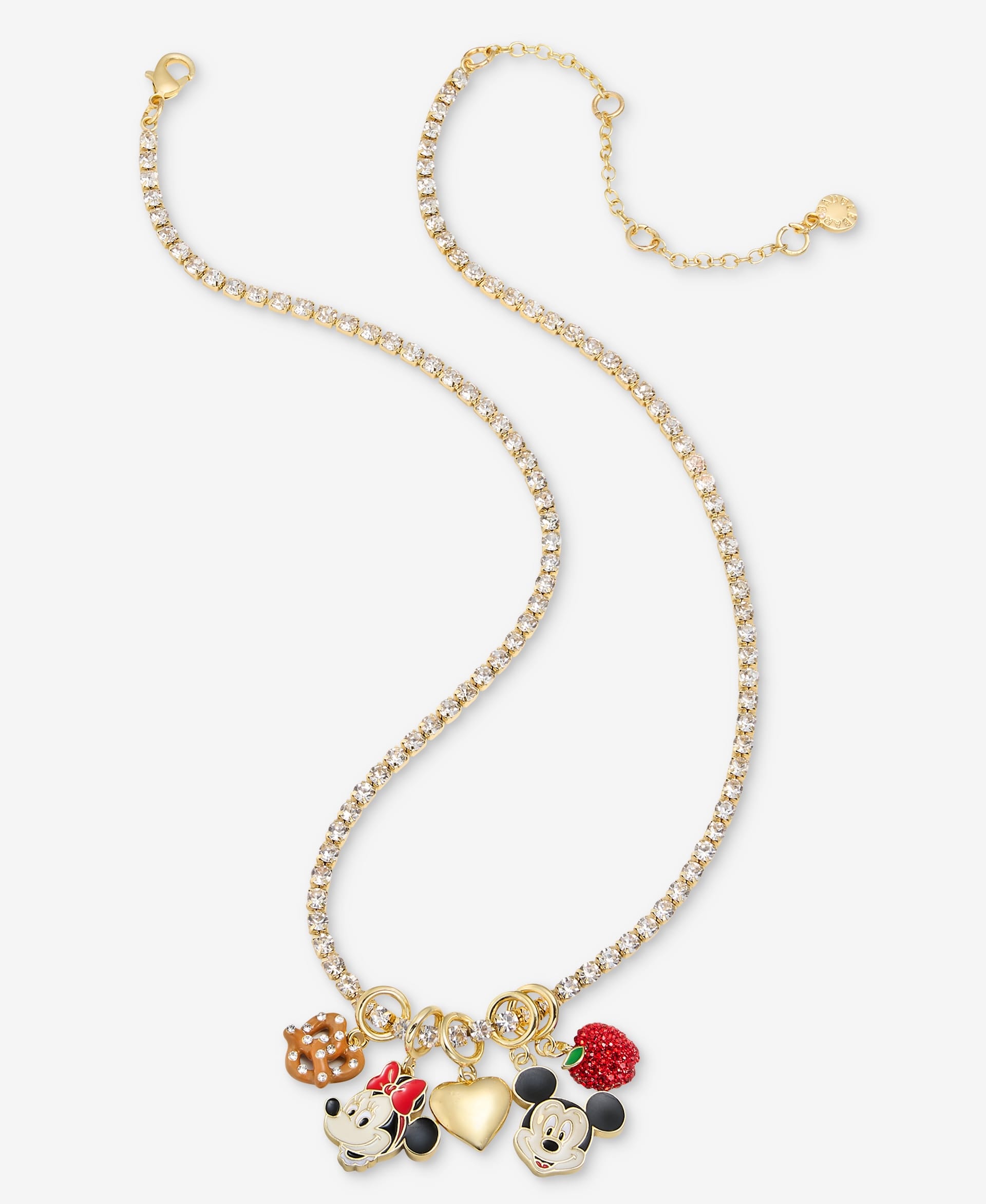 Gold necklace with crystal chain and Disney charms, including Minnie and Mickey, sold at parks worldwide for the 2025 Holiday Collection.