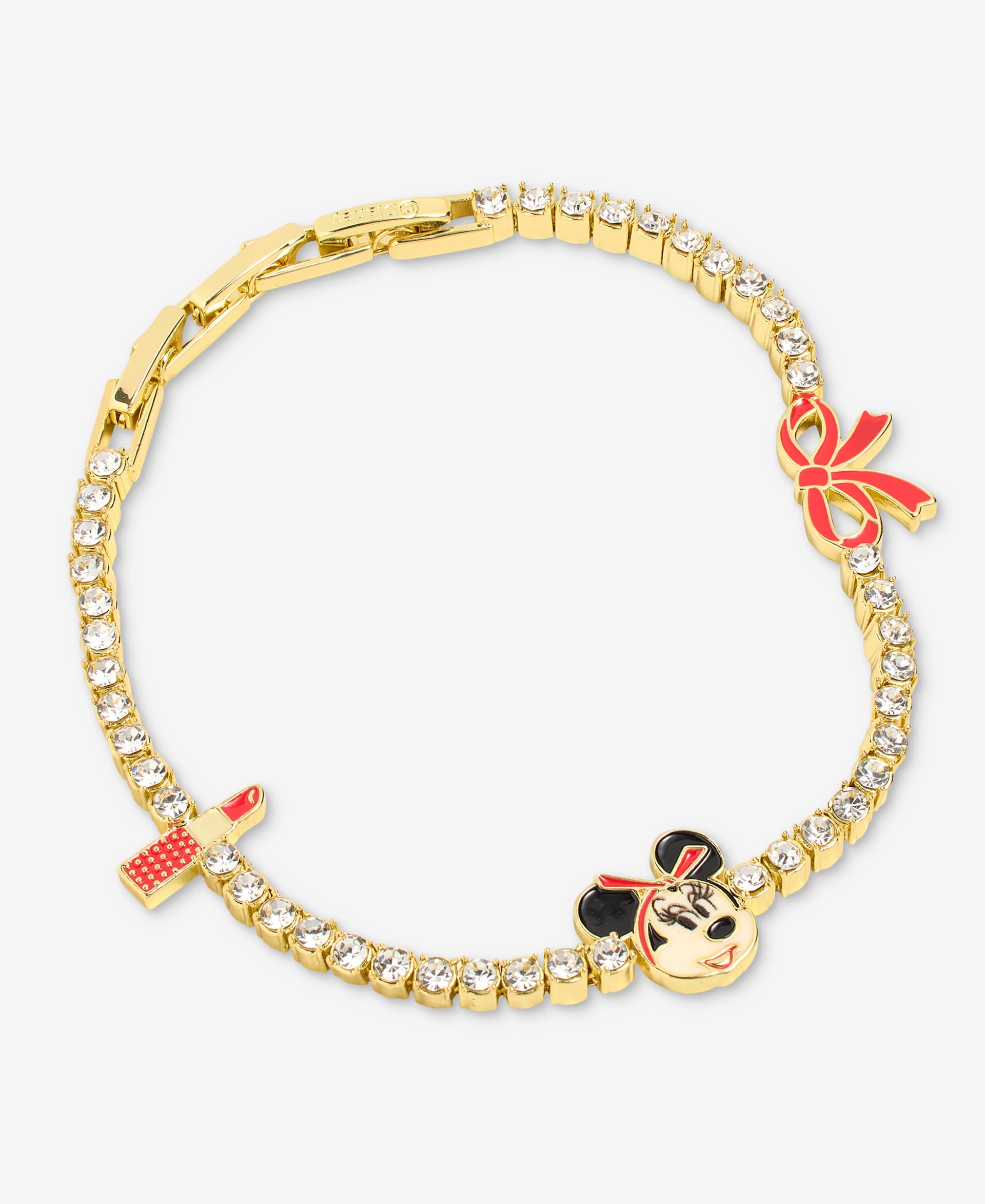 Gold bracelet with rhinestones and Minnie charms from the Disney 2025 Holiday Collection, inspired by styles from Disney parks.