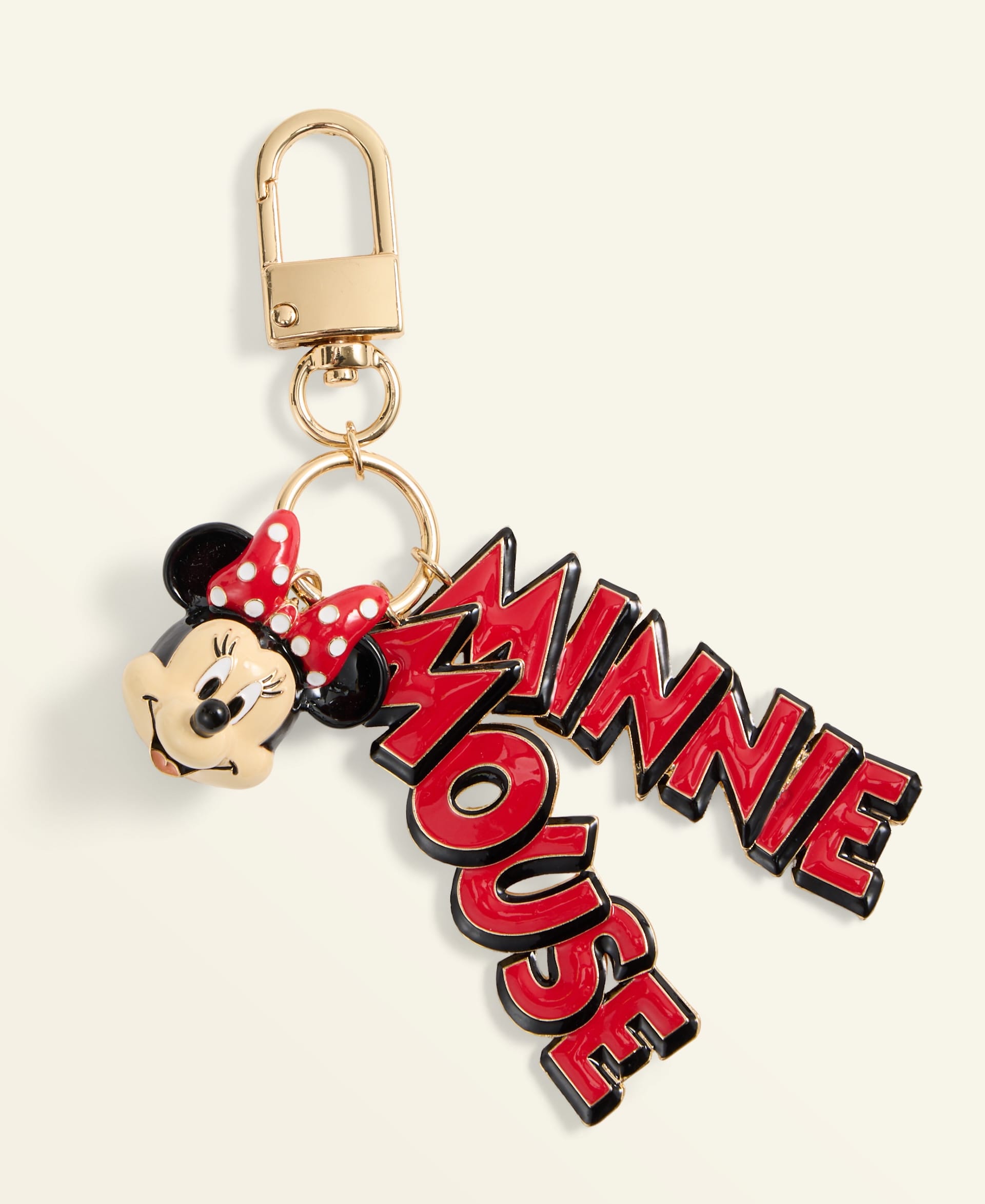 Gold keychain featuring Minnie Mouse’s smiling face from the Disney Holiday Collection, with bold red and black lettering, perfect for park fans.