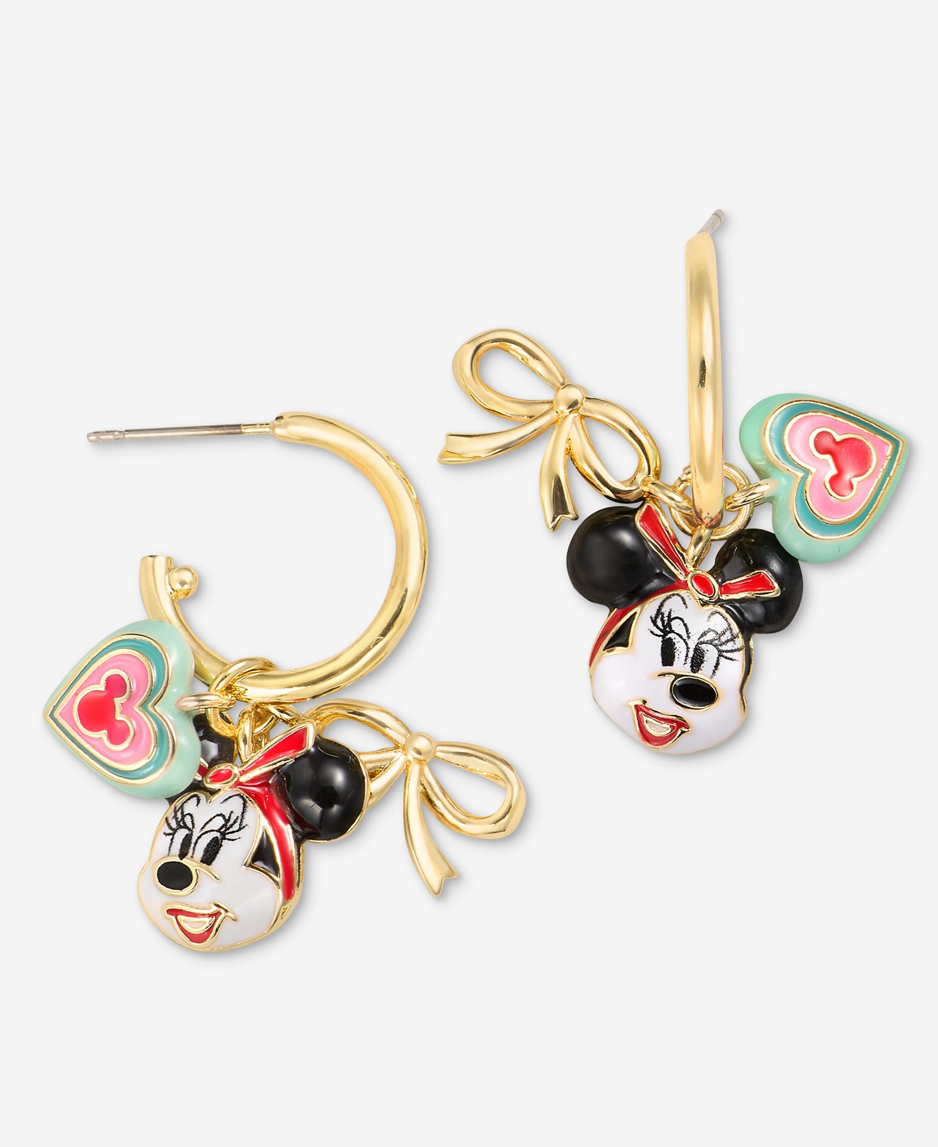 Gold hoop earrings with Minnie Mouse, heart charms, and colorful bows—Disney style jewelry seen at many Disney Parks worldwide.