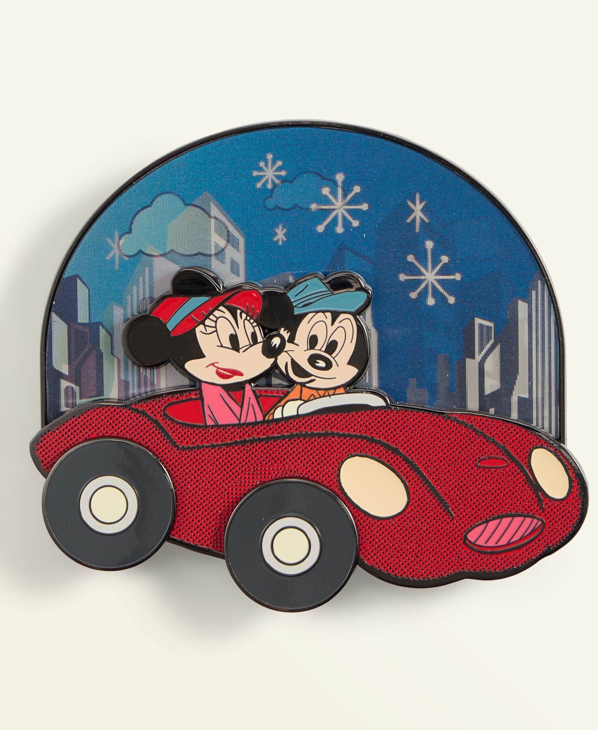 Mickey and Minnie Mouse drive a red car through a snowy city, celebrating the holidays like at Disney parks worldwide.