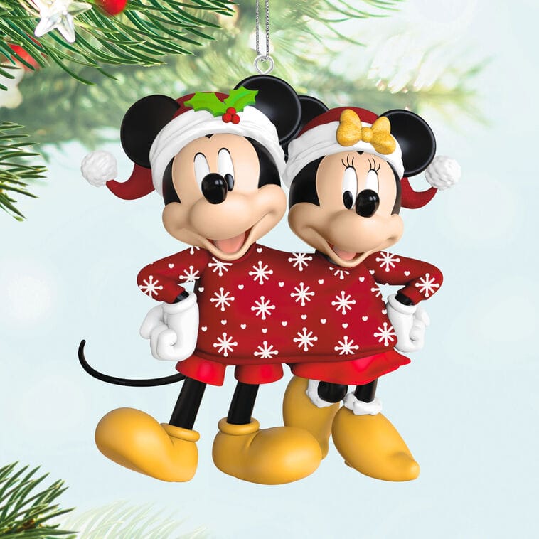 Mickey and Minnie Mouse in a red sweater, hanging as a Hallmark Disney Keepsake Ornament on the tree, like at Disney Parks.