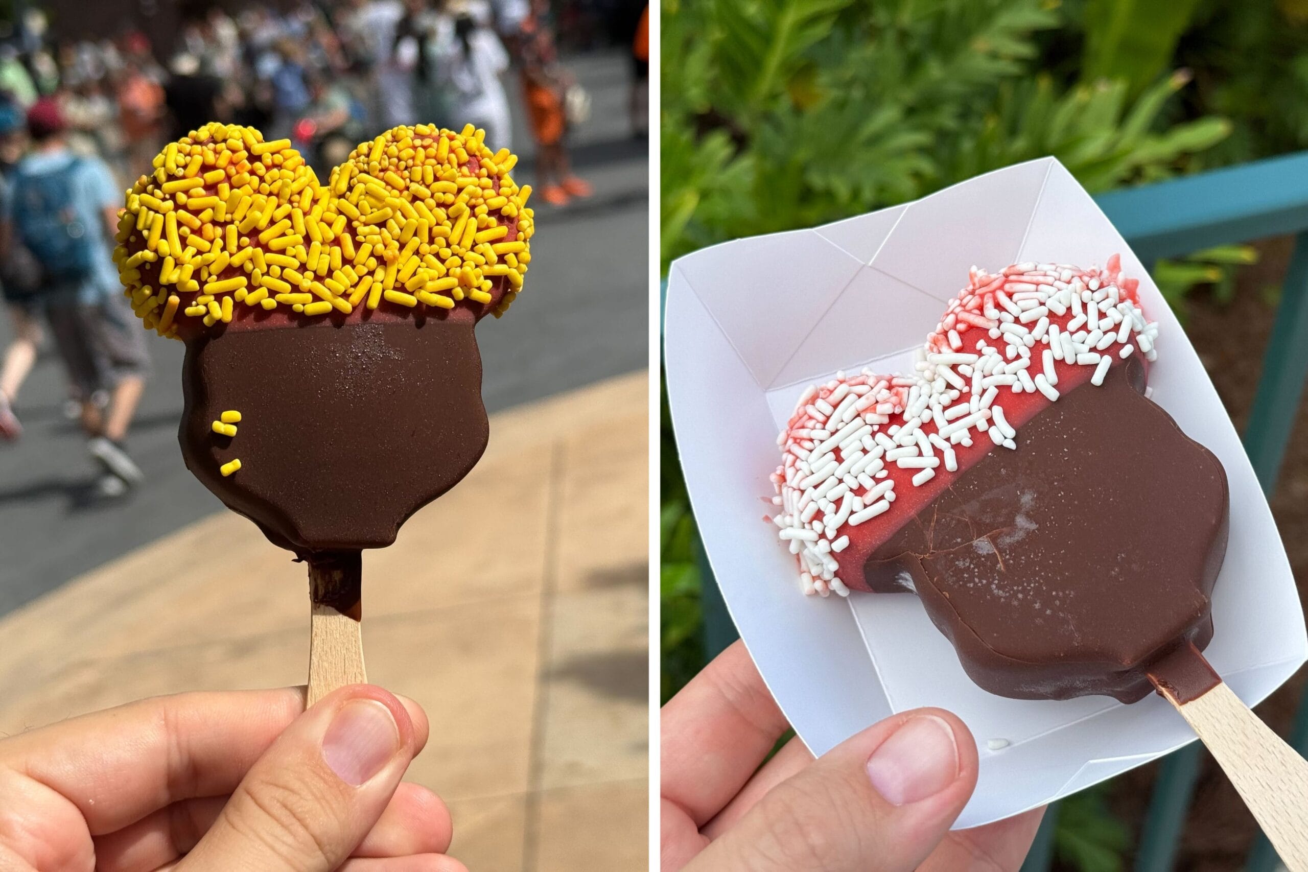 Two hand-dipped acorn-shaped ice cream treats with Mickey ears, topped with colorful sprinkles, like a Disney park snack.