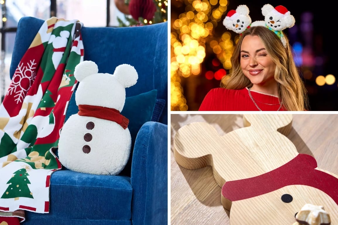 Collage of Disney park holiday Mickey items: snowman pillow, woman in Mickey ears, and Park Hopper cookie; no castle visible.