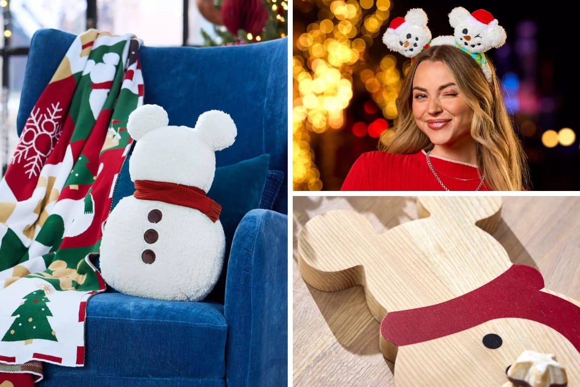 Collage of Mickey Snowman Collection holiday decor from Disney Parks: snowman pillow, ear headband, and cookie cutting board.