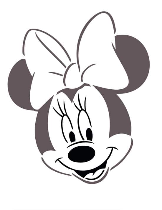 Black and white line drawing of a smiling cartoon mouse with a big bow, ideal for Disney Parks pumpkin carving—no castle visible.