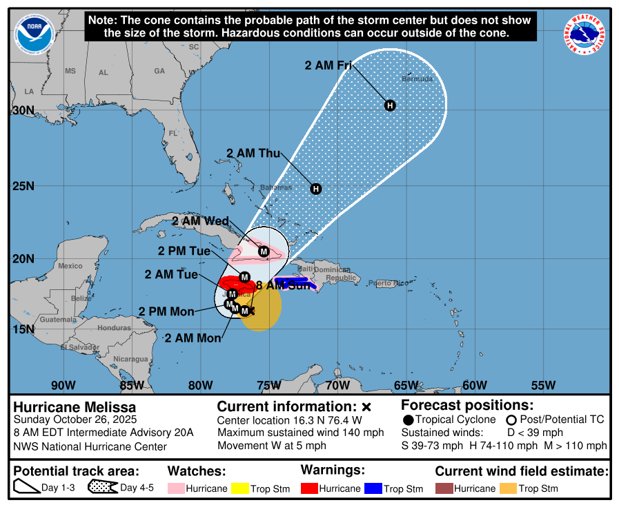 Forecast map traces Tropical Storm Melissa’s path in the Caribbean, highlighting Disney Cruise routes; no castle pictured for comparison.