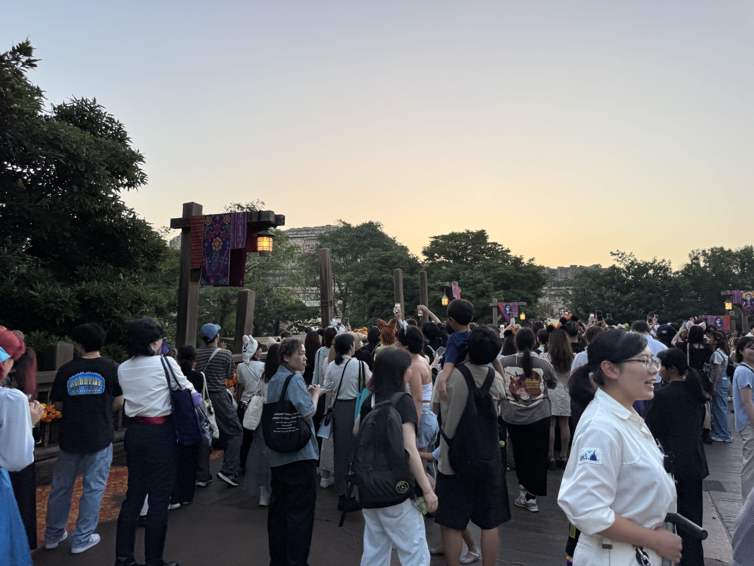 A festive Halloween crowd gathers outdoors at sunset with trees and banners, capturing the vibrant spirit of Tokyo Disney Resort.