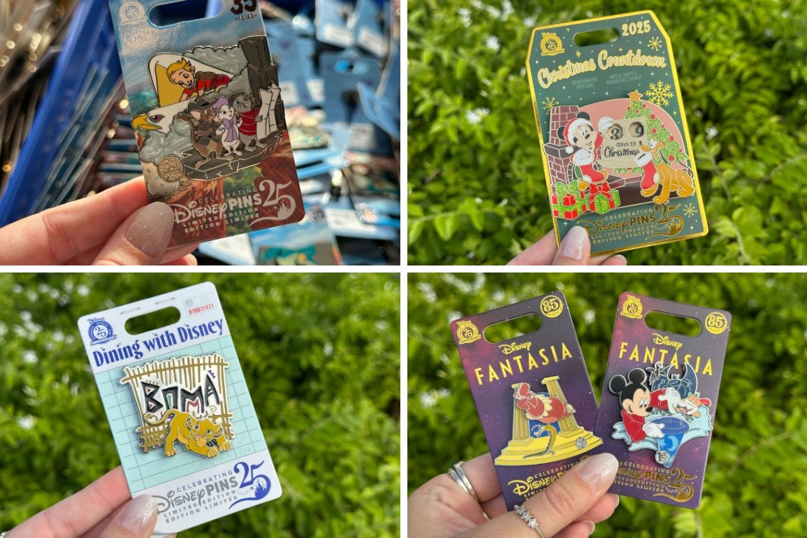 A hand displays Disney Parks pins, featuring Fantasia and holiday themes, on vibrant backing cards from various Disney resorts.