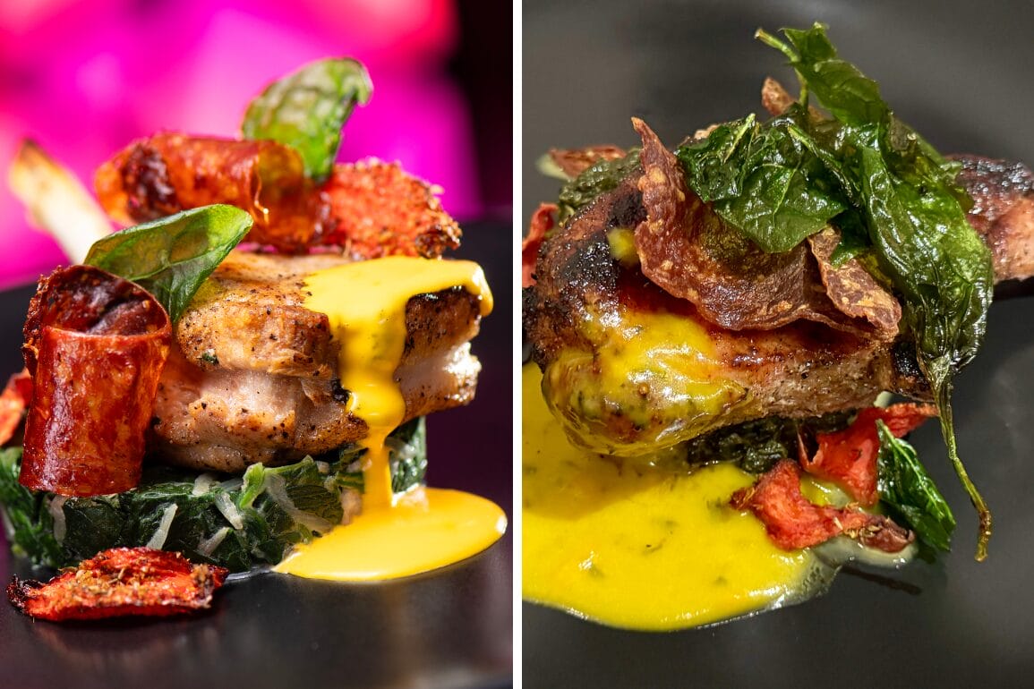 Two gourmet tapas dishes feature grilled steak, leafy greens, crispy garnish, and yellow sauce on black plates.