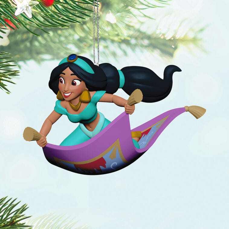 Hallmark Ornament—Princess Jasmine rides a magic carpet, Disney Keepsake, perfect for your tree, reminiscent of park magic.