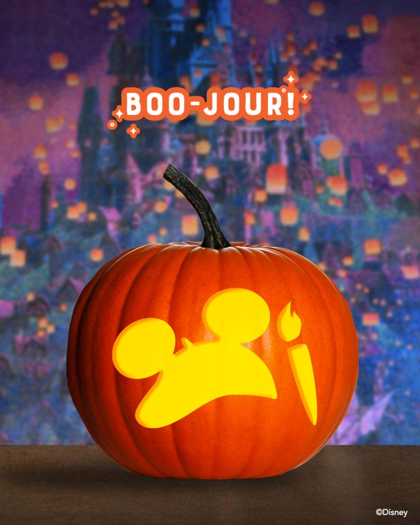 A glowing Mickey "BOO-JOUR!" pumpkin stencil shines, with a castle resembling Disneyland Paris looming in the Halloween night.