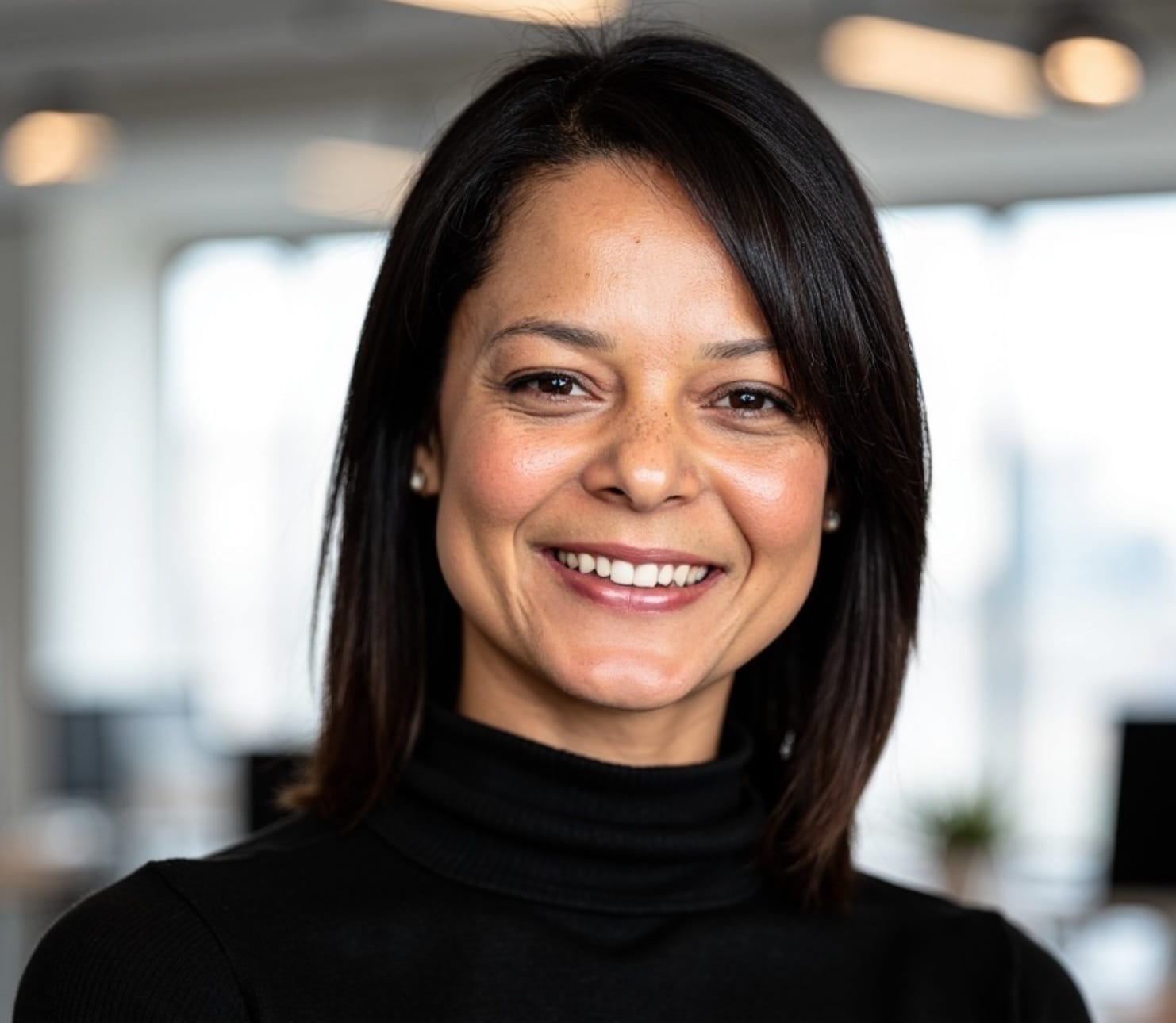 A woman with shoulder-length dark hair, smiling in a black turtleneck