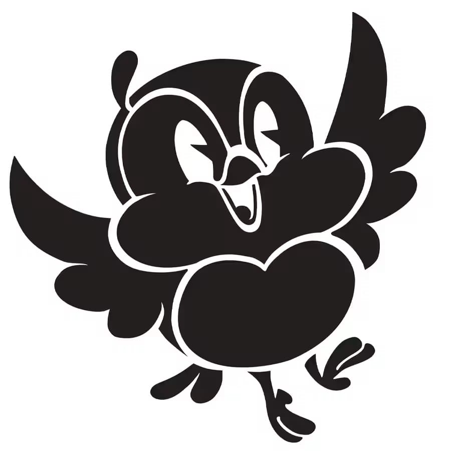 Cartoon-style black and white owl with wings raised, smiling and walking excitedly, like a festive character at a Disney Halloween event.