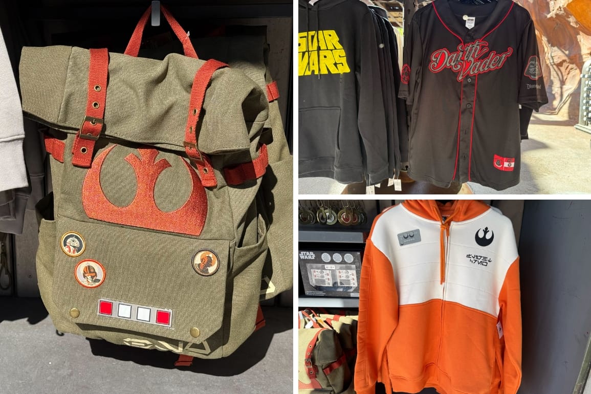Collage of Star Wars merch from Galaxy's Edge: a backpack, Darth Vader jersey, and orange-and-white Rebel hoodie.