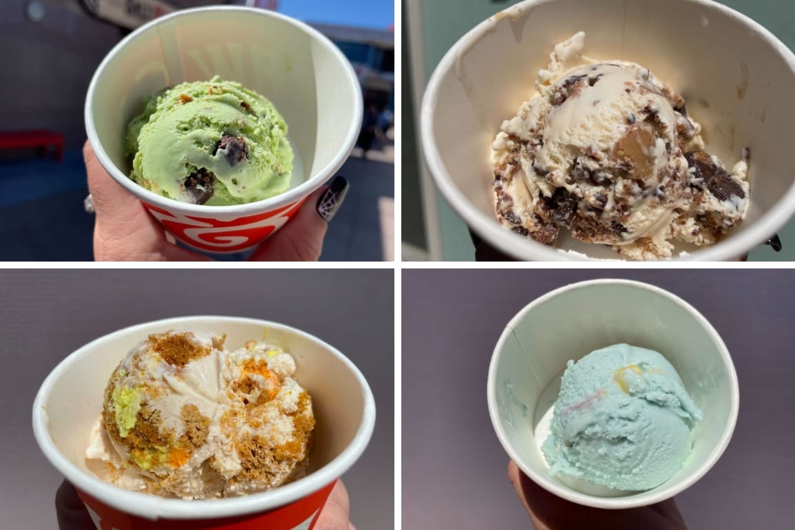 Four cups of Salt & Straw ice cream: Creepy Crawly Critters, Great Candycopia, Pumpkin Bread, and vegan Bubble Gum.