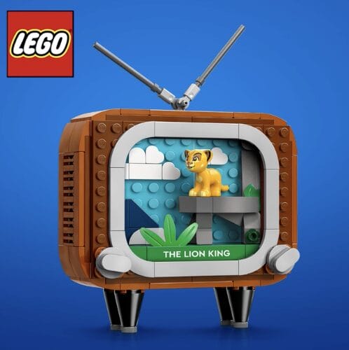 LEGO Classic Animation Scenes TV set with "The Lion King" Simba figure, like displays near Castle entrances at Disney Parks worldwide.