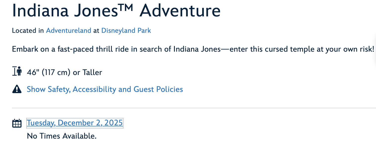 Indiana Jones Adventure at Disneyland, not pictured with a castle, has a height limit and closes for refurbishment Dec 2, 2025.