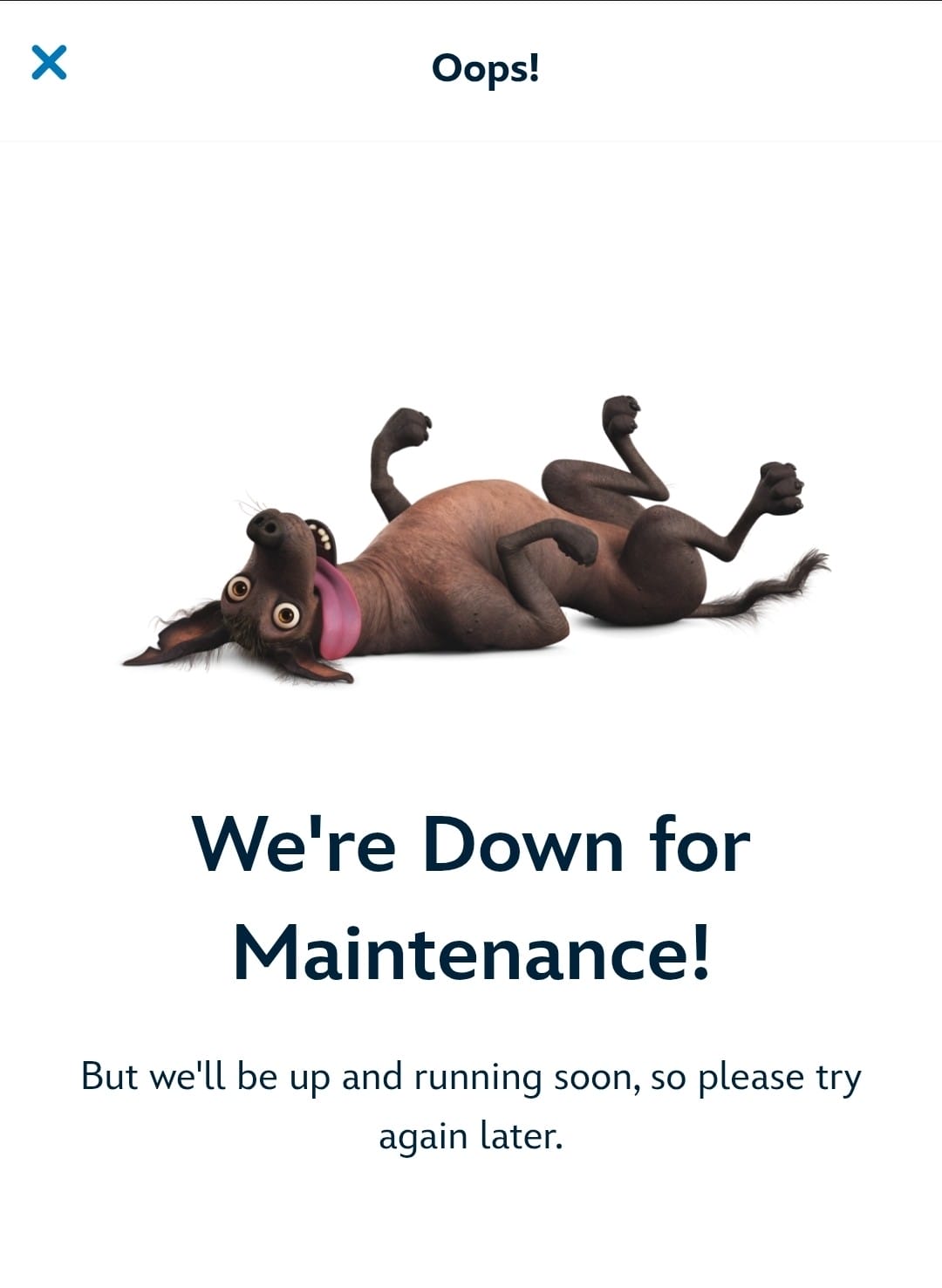 Cartoon pup sprawled out, tongue lolling, above: "Maintenance downtime! Disney World Dining Reservations currently unavailable.