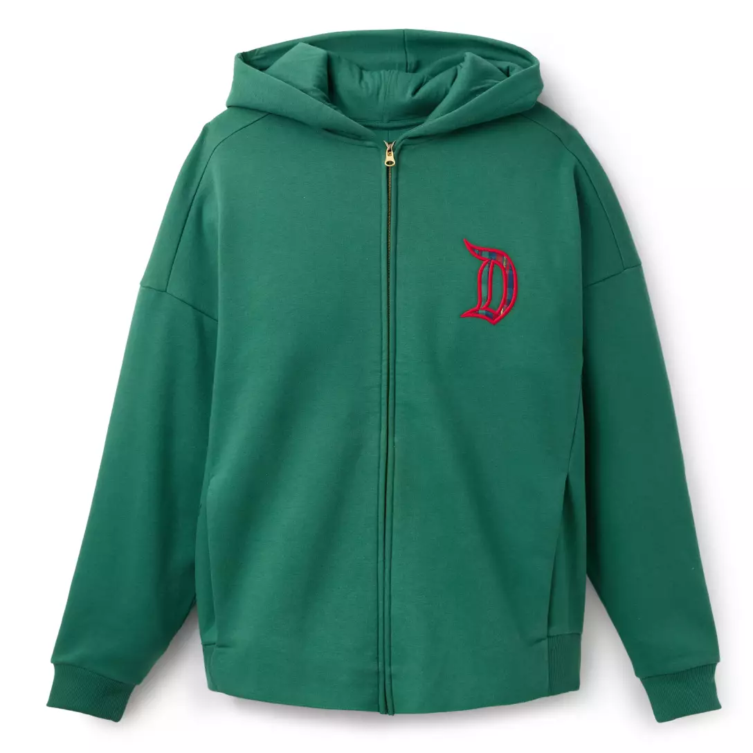 Green zip-up hoodie with a red embroidered letter "D," inspired by Disney Parks Plaid Holiday styles, on white background.