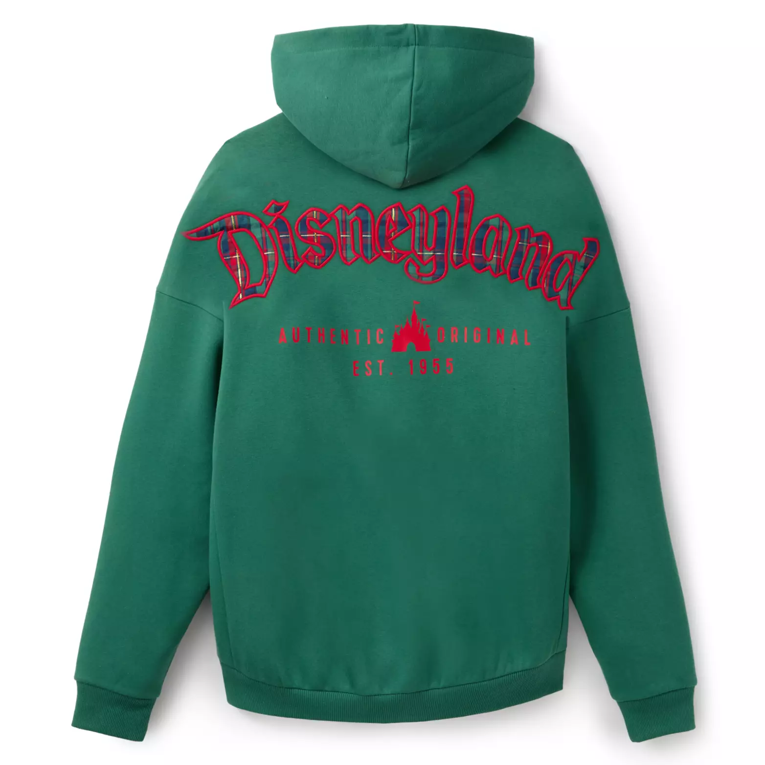 Green hoodie with hood from Disney Store, big red "Disneyland" on the back—evoking classic park spirit but no castle pictured.