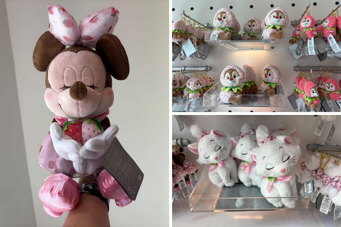 Collage of strawberry-themed Disney character plush: Minnie Mouse, Chip and Dale, and Marie.