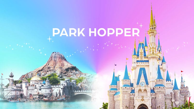 A whimsical castle and volcano, reminiscent of Disney’s Magic Kingdom and Tokyo DisneySea, on pastel gradient with "Park Hopper Tickets" text.
