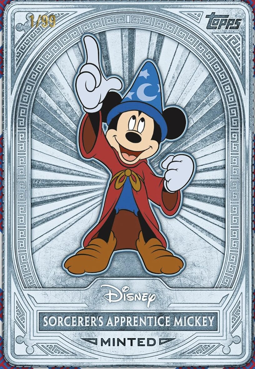Sorcerer's Apprentice Mickey in blue wizard hat and red robe on a Topps silver card, reminiscent of Disney park magic.