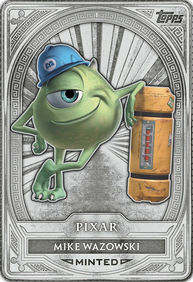 Mike Wazowski in blue hard hat leans on yellow canister, Topps-style card with silver border, reminiscent of Disney Parks merch.