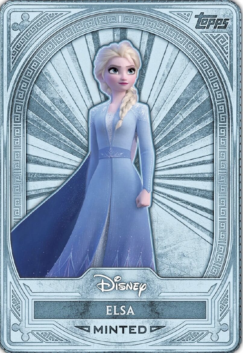 Illustration of Elsa from Frozen in a blue dress on a Topps Trading Card, reminiscent of Disney parks' icy castle theming.