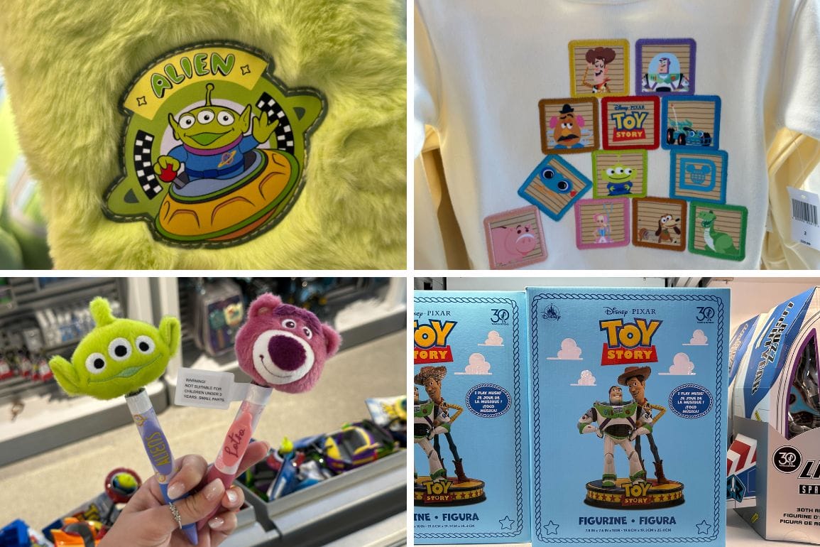 Collage of Toy Story 30th Anniversary merchandise from Disney Parks, featuring an alien pillow, T-shirt, pens, and boxed figurines.