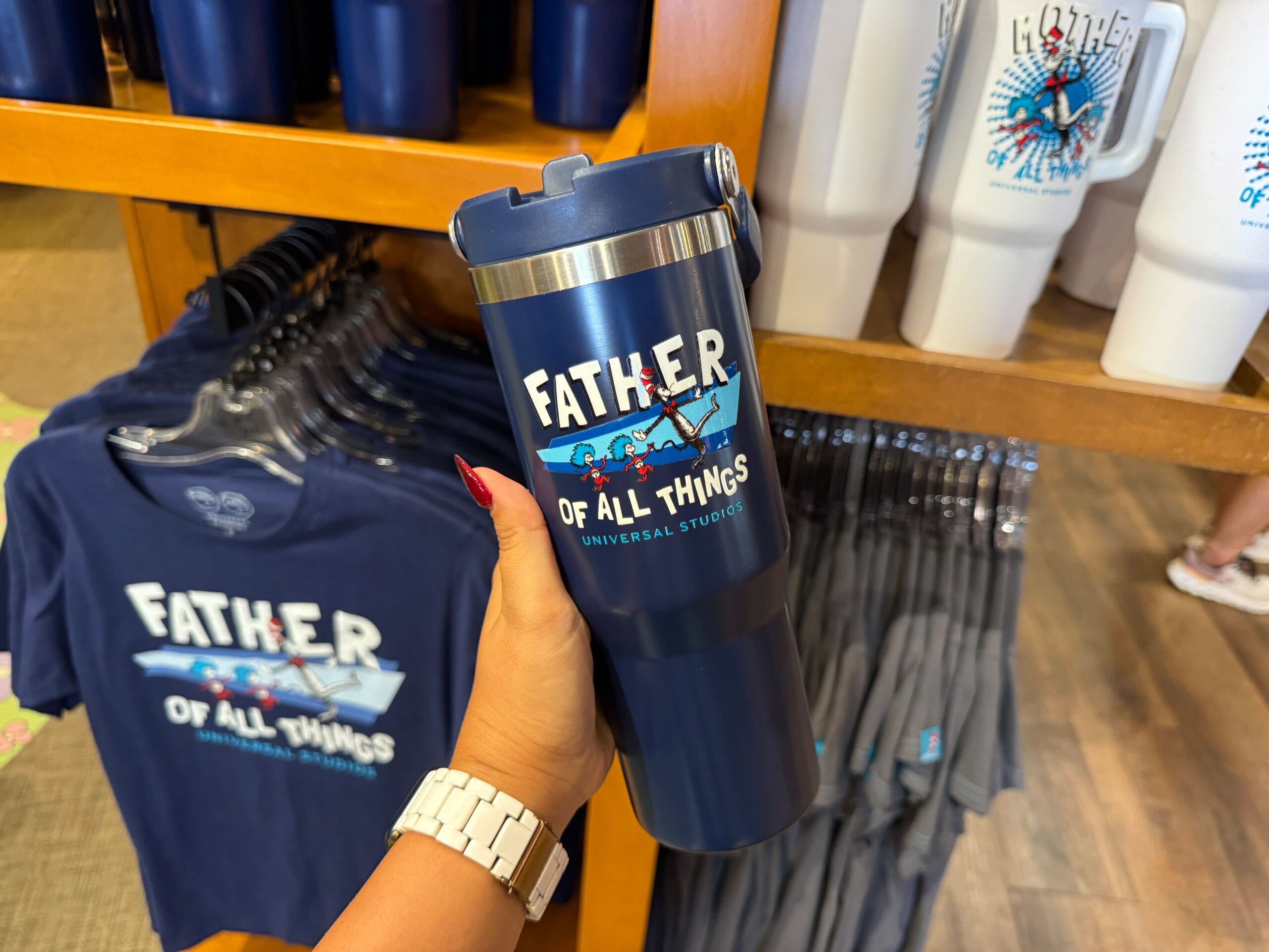 A hand holds a blue tumbler reading "Father of All Things" beside Thing 1 & Thing 2 merch—definitely not a Disney castle!