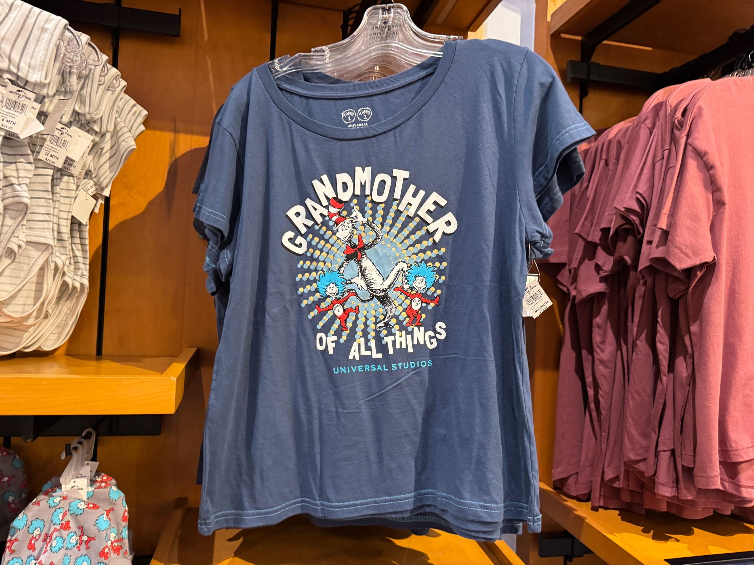Blue Dr. Seuss apparel with Thing 1 and Thing 2, "Grandmother of All Things," at Universal—no Disney castle like Magic Kingdom’s.