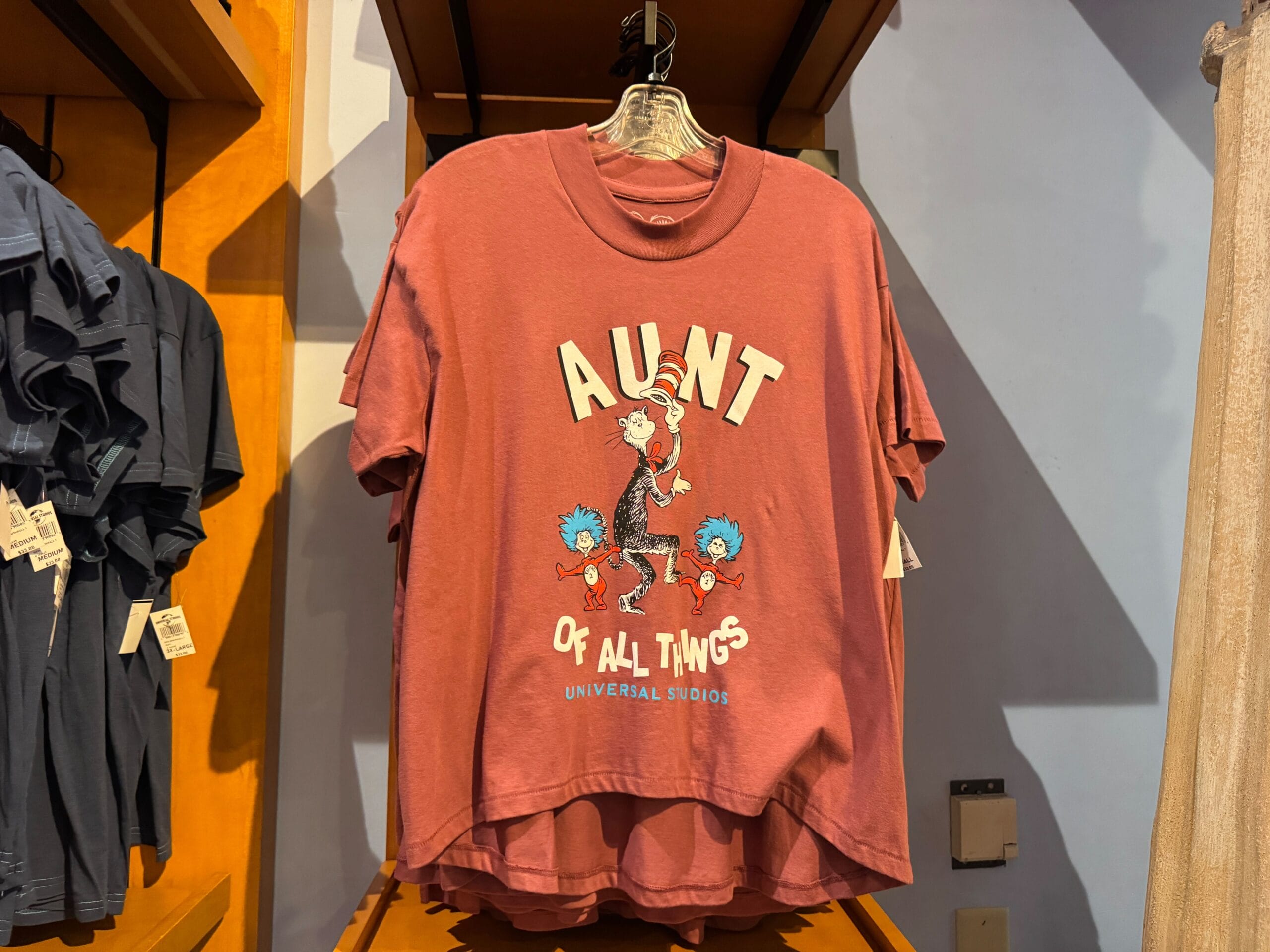 Red tee featuring "Aunt of All Things" and Thing 1 & Thing 2, Dr. Seuss apparel found at Universal, not a Disney Park castle shirt.