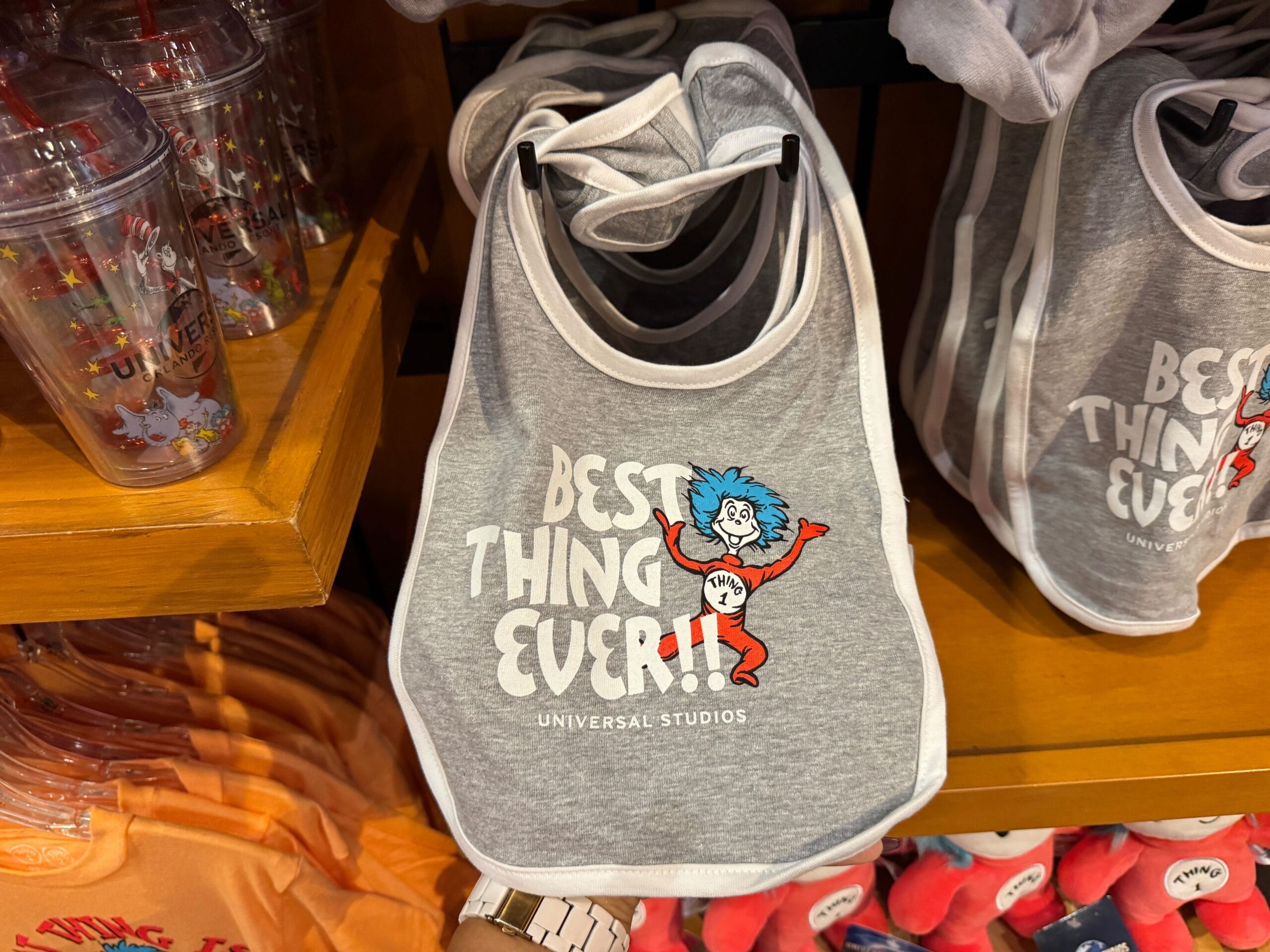 Gray bib featuring "Best Thing Ever!!" and a cartoon Thing 1, spotted at Universal Studios—not Disney Parks or their famed castles.