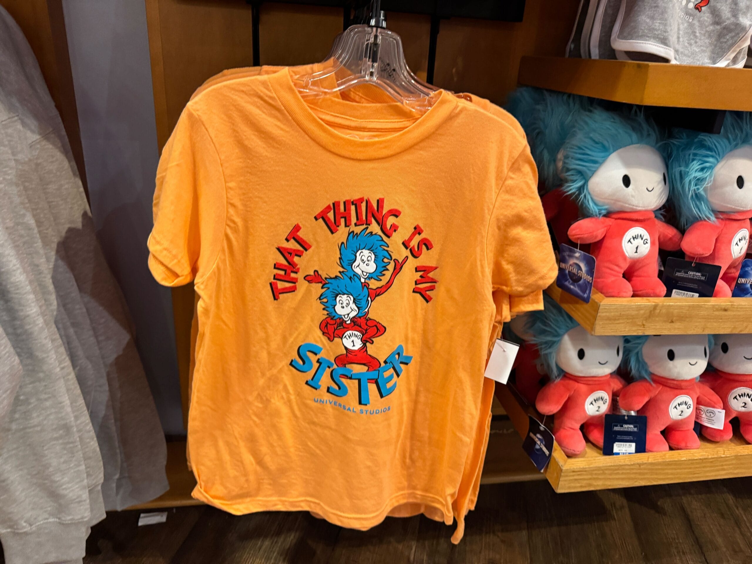 Orange T-shirt with "That thing is my sister" and Seuss-style characters, spotted near plush toys—not a Disney tee or castle in sight.