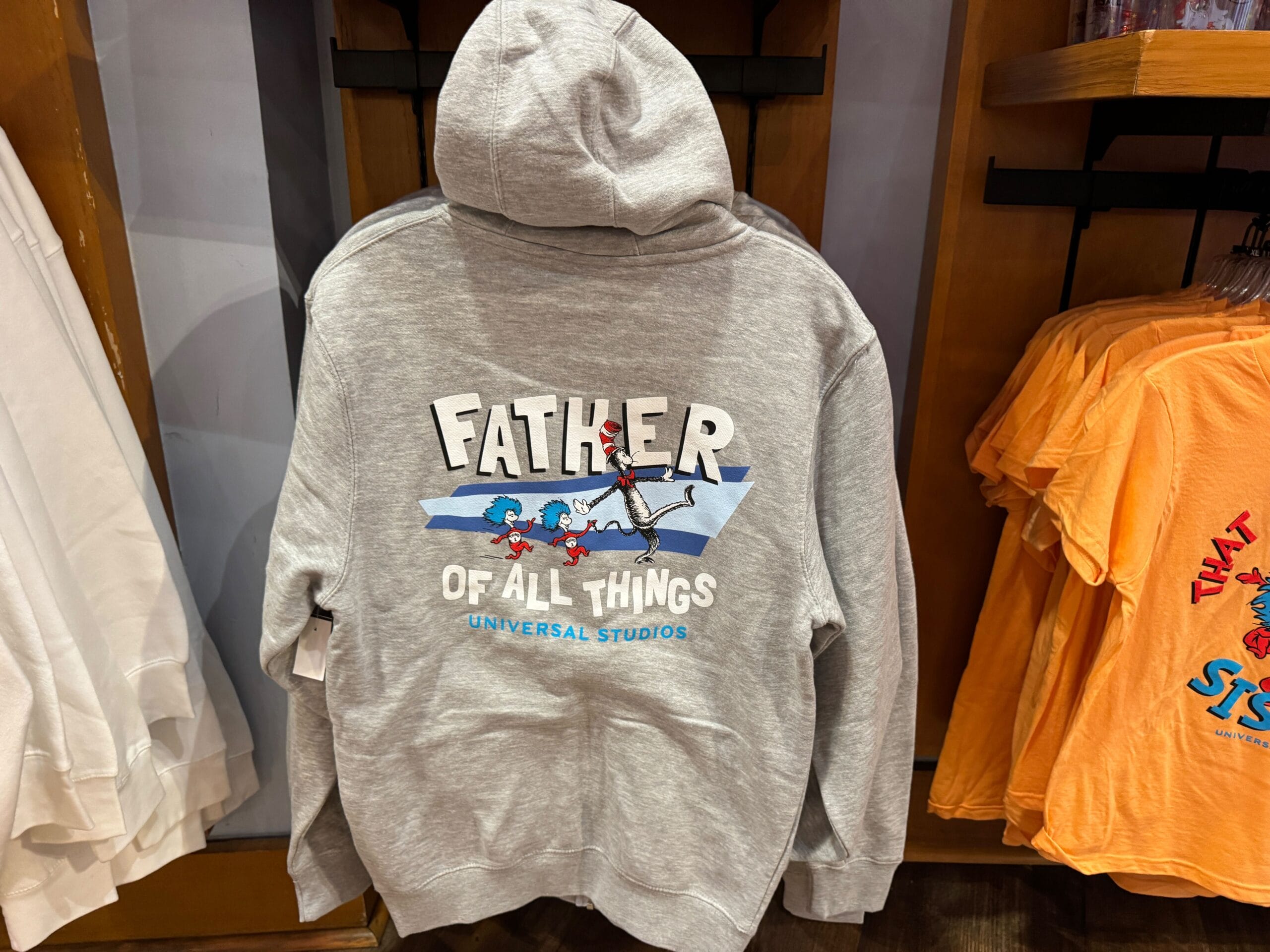 Gray hoodie featuring “Father of All Things” with Thing 1 and Thing 2, displayed on a rack, though not at a Disney park.