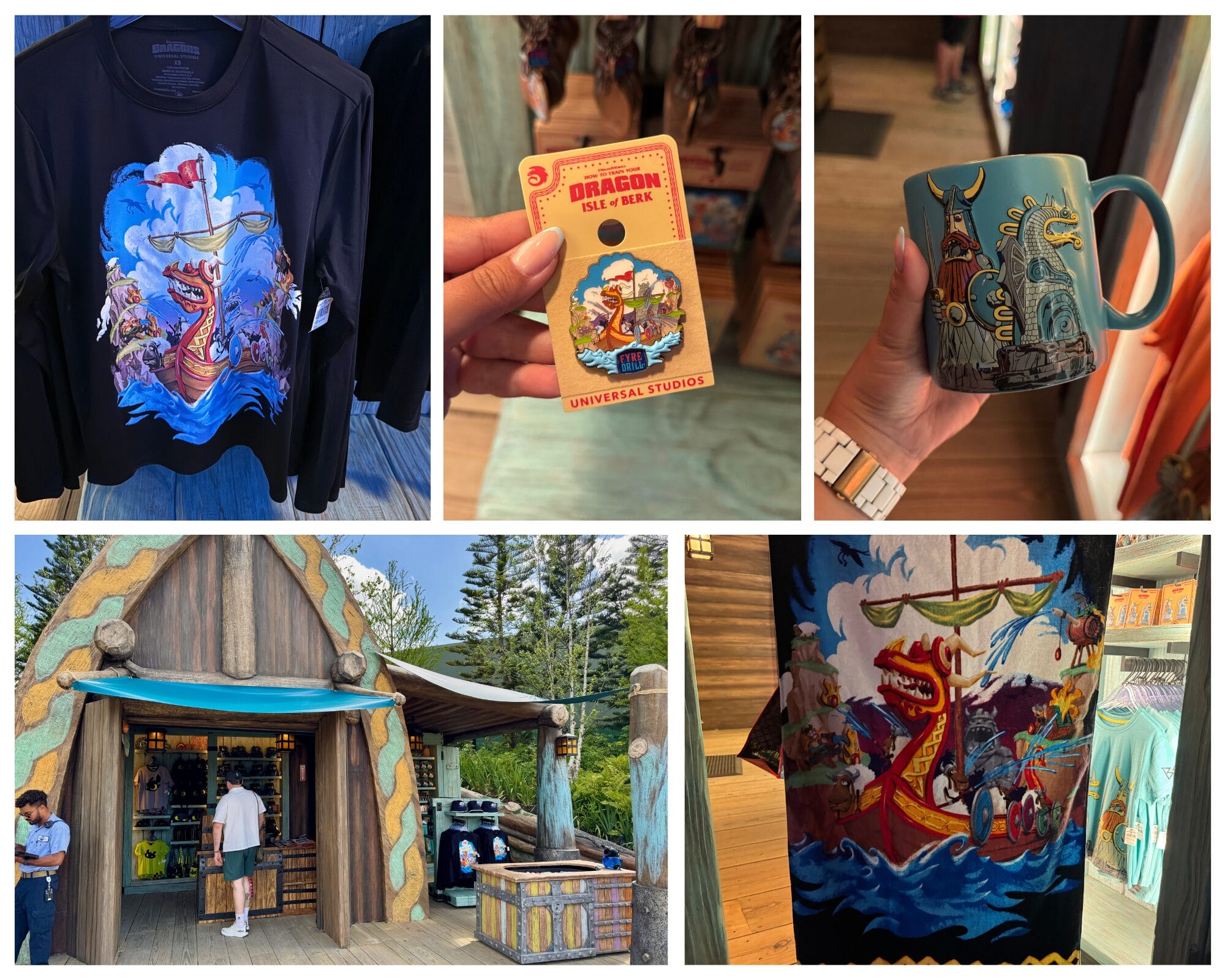 Collage of Isle of Berk merchandise and gift shop exterior; no Disney castle present, unlike iconic castles in Disney parks worldwide.