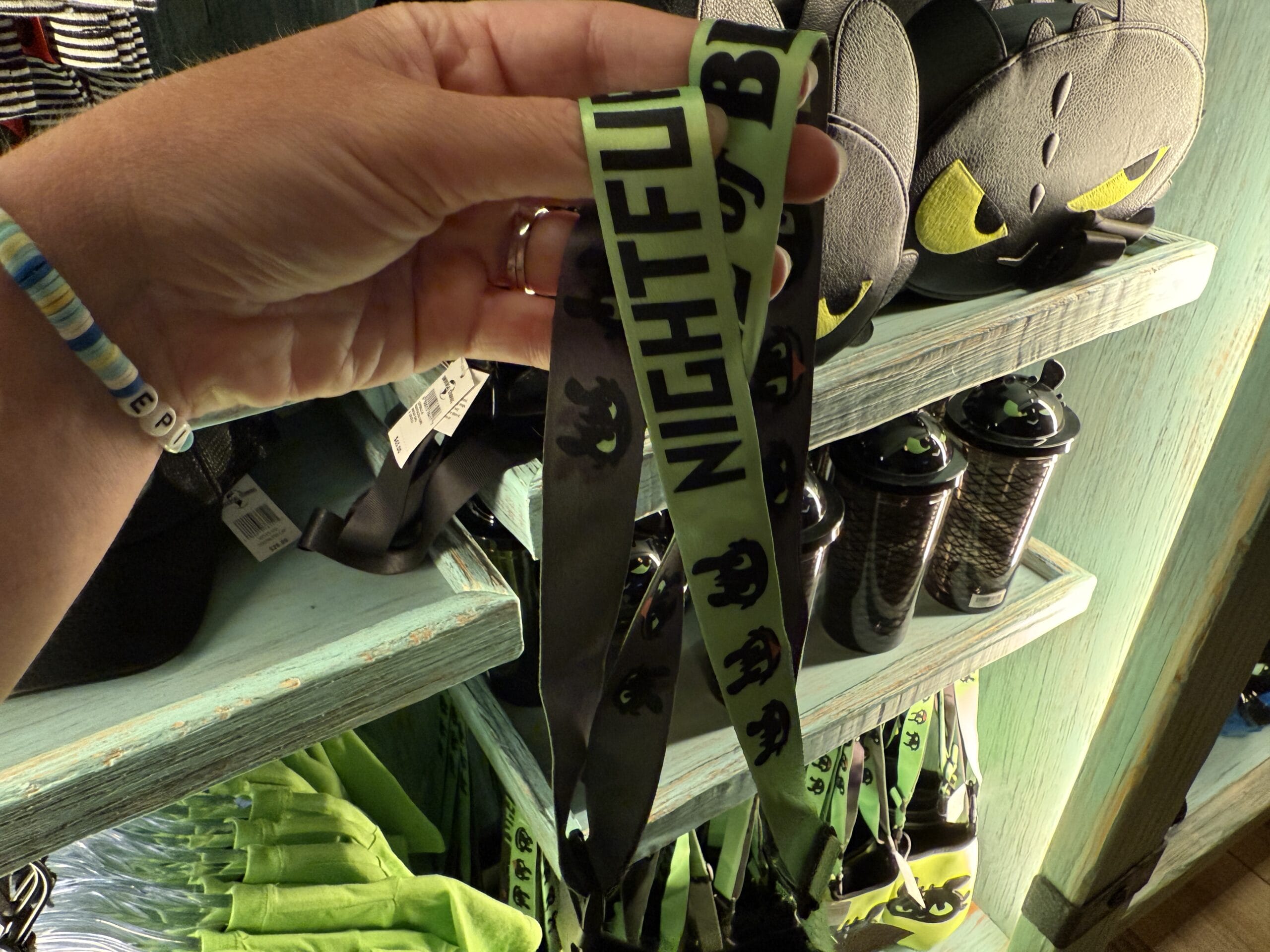 A hand holds a Night Fury lanyard at a theme park merch kiosk with Spit Fyre and dragon items—no Disney castle in the scene.