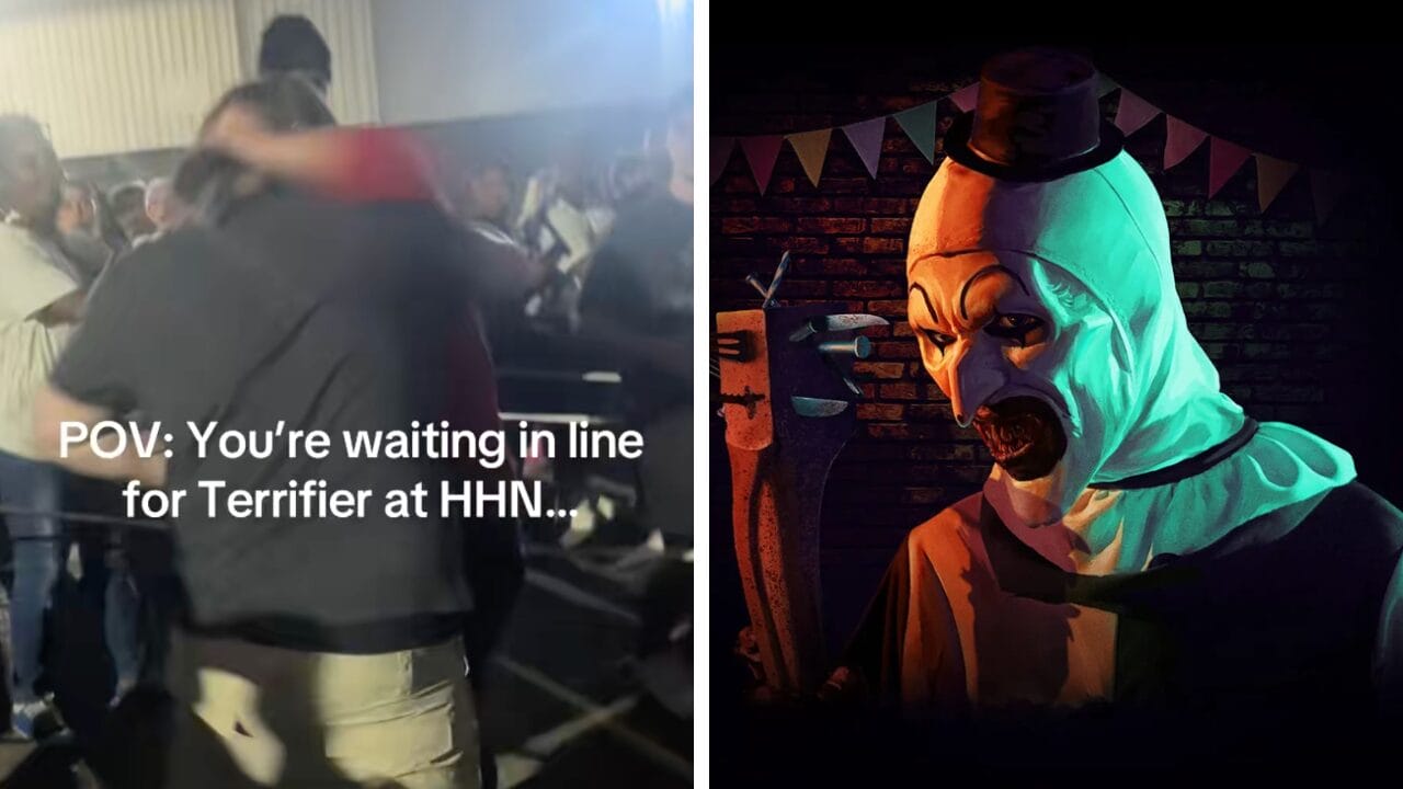 Side-by-side: Terrifier queue line on the left; right shows eerie clown at HHN 34—no Disney castle in sight.