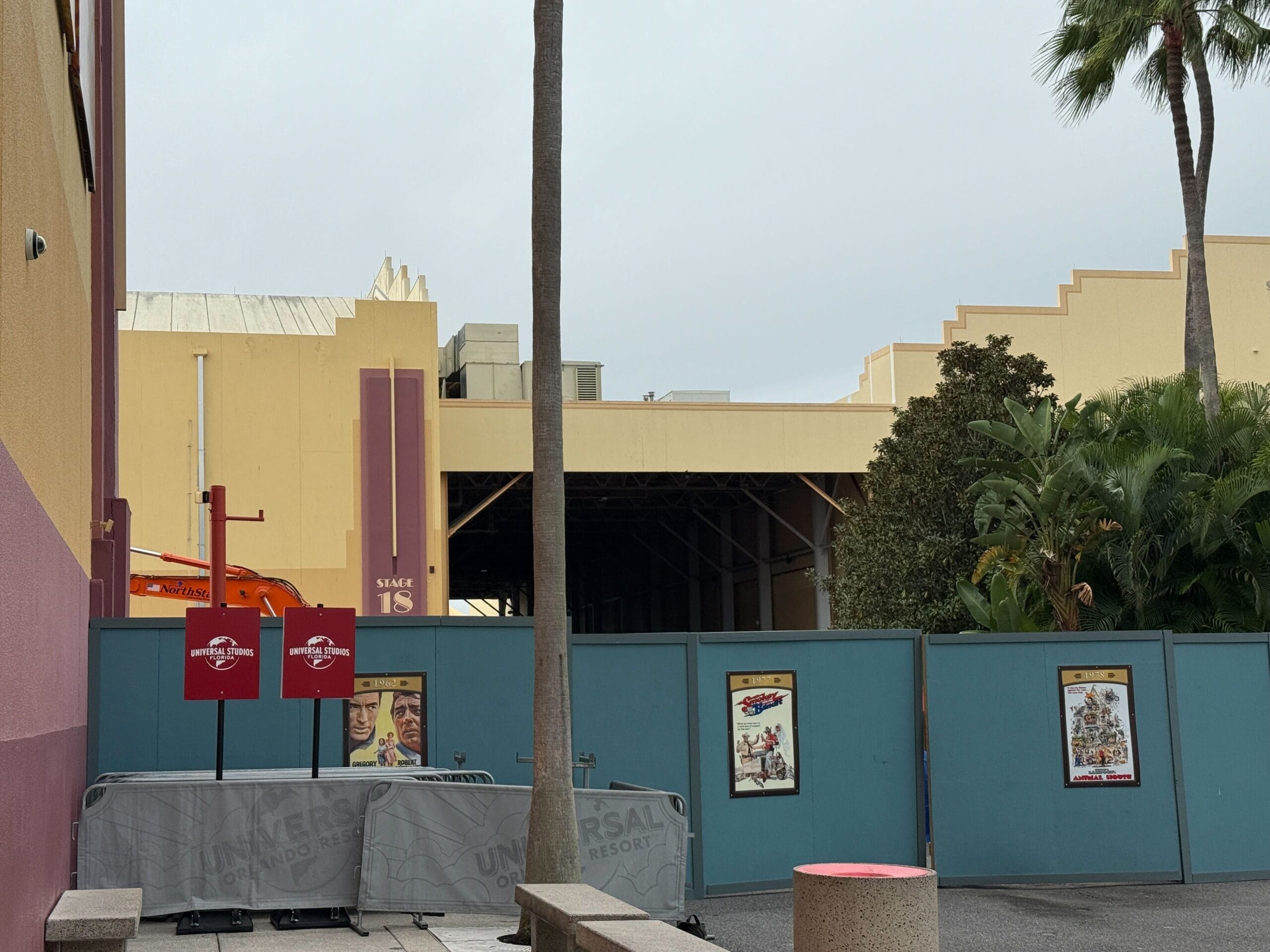 A construction site at Universal Studios with blue walls