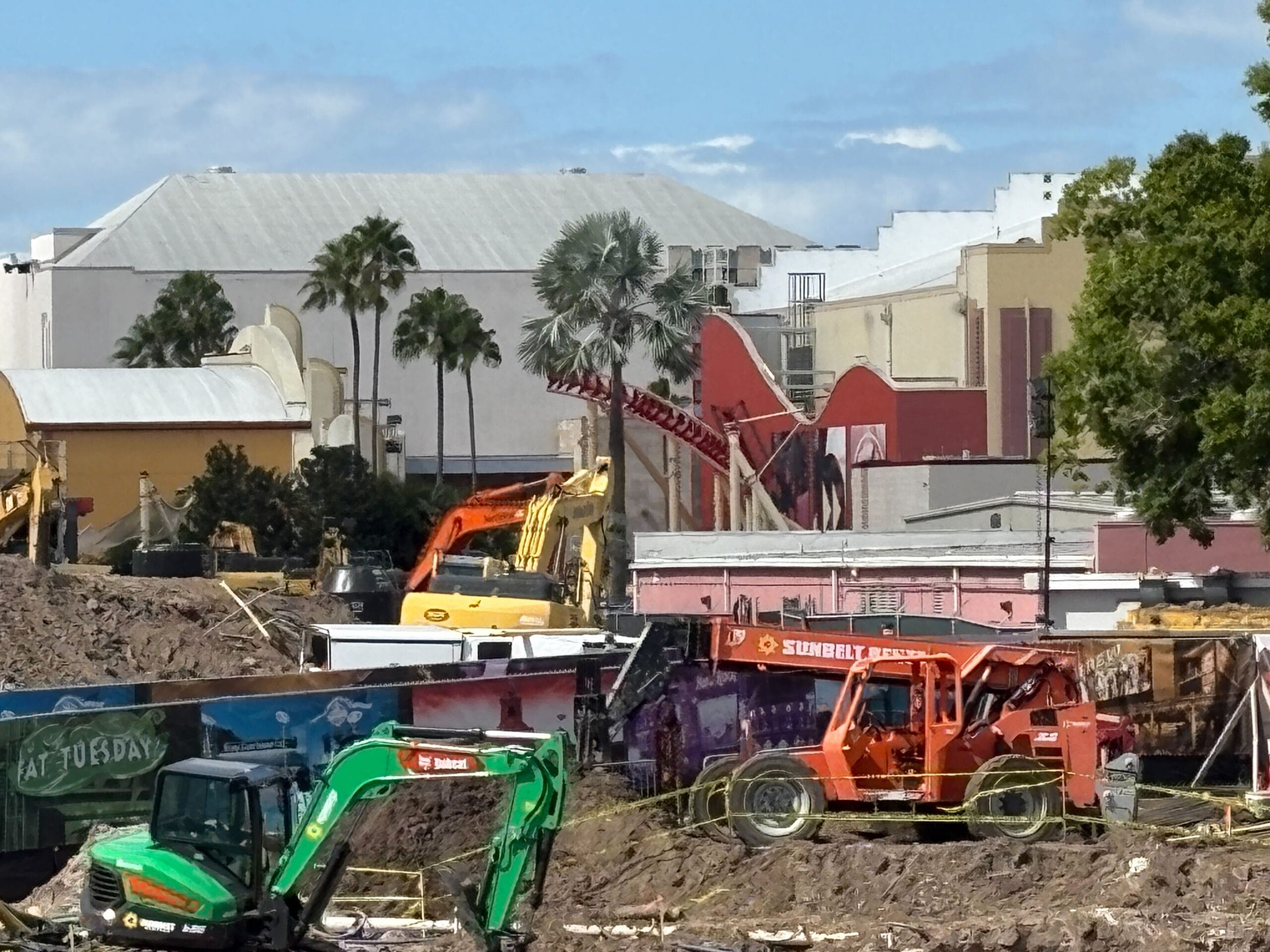 Construction vehicles demolish the Hollywood Rip Ride Rockit track at a work site in Universal Studios Florida.