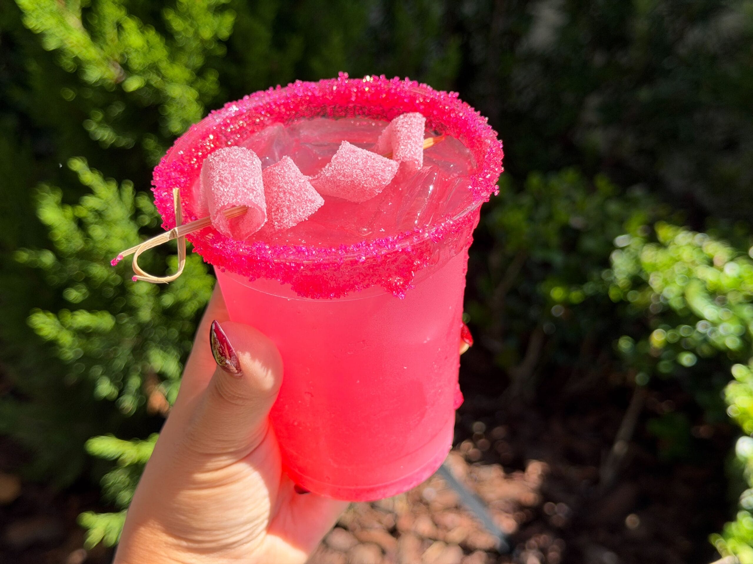 A hand holds a vibrant pink drink with a sugared rim and gummies, outdoors amid lush greenery, reminiscent of Disney park treats.