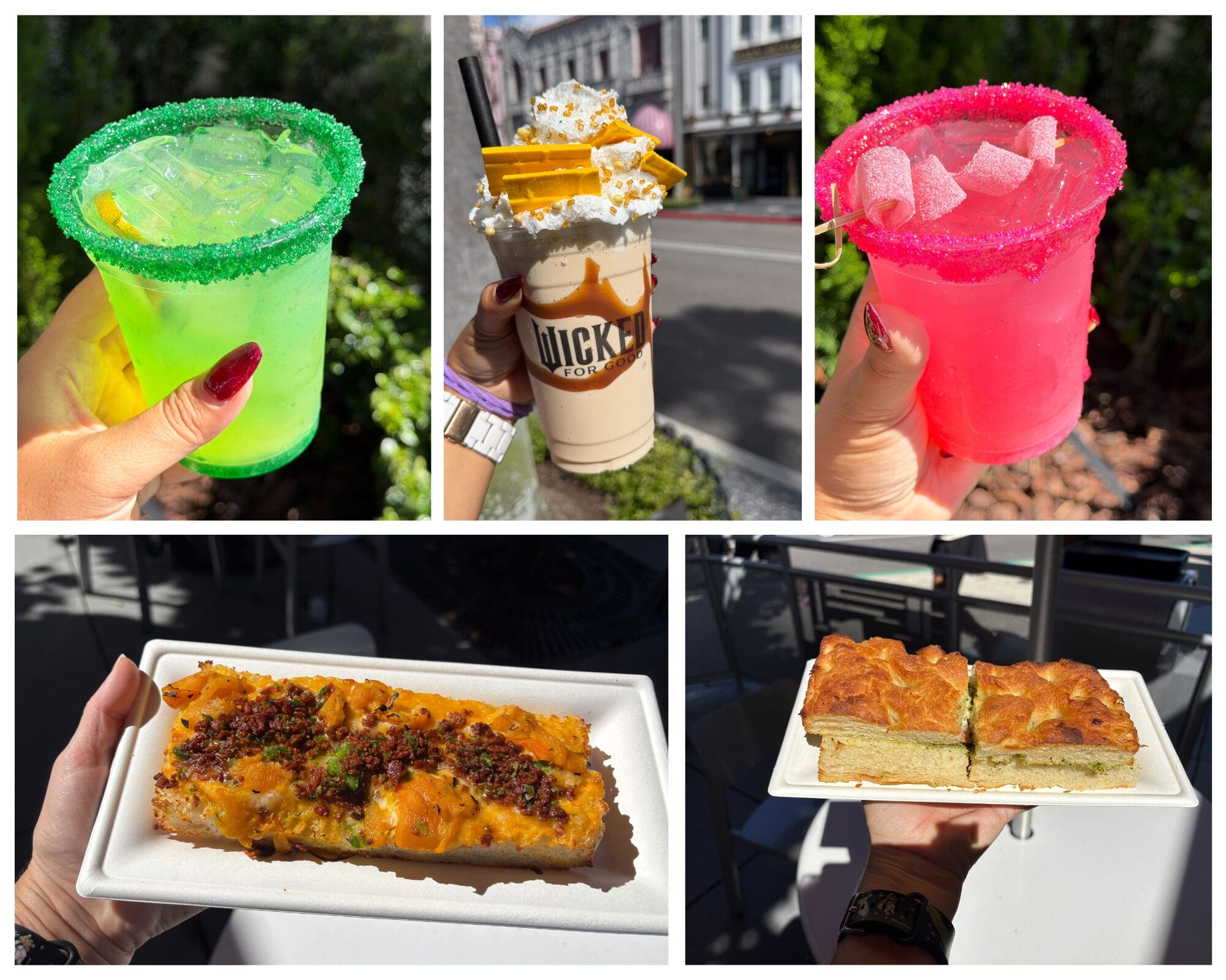 Collage of vibrant Wicked Drinks and Disney park foods, cocktails, milkshake, cheesy bread, and focaccia on white plates.