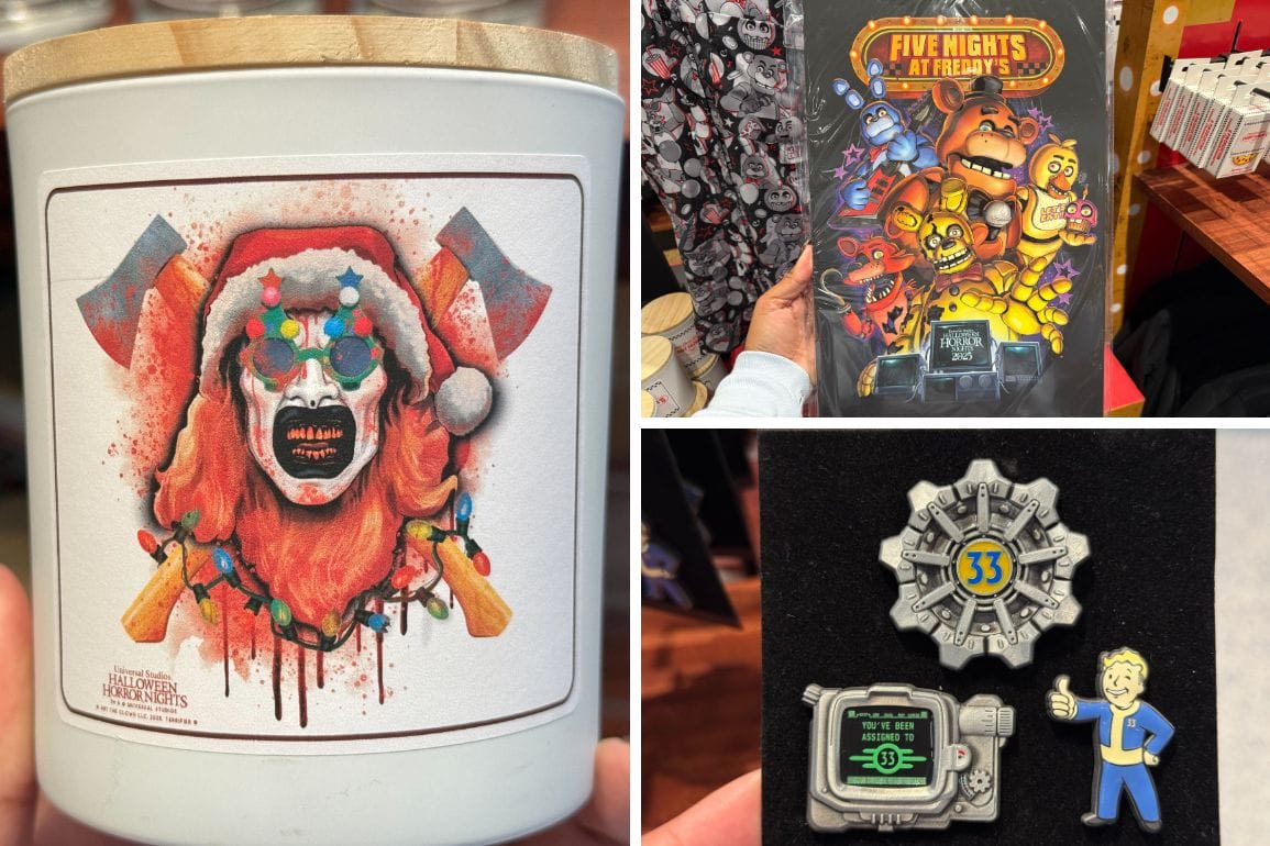 A collage of Universal Halloween Horror Nights merchandise: a candle with Santa Art the Clown, a Five Nights at Freddy's poster, and Fallout pin set.