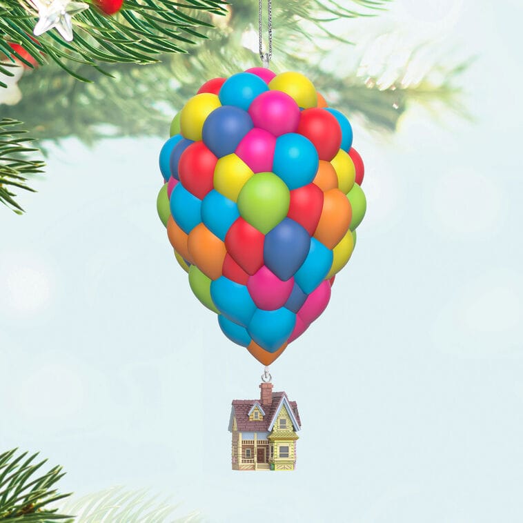 Up-themed Christmas ornament of colorful balloons lifting a small house, evoking Disney Park magic, perfect for your tree.