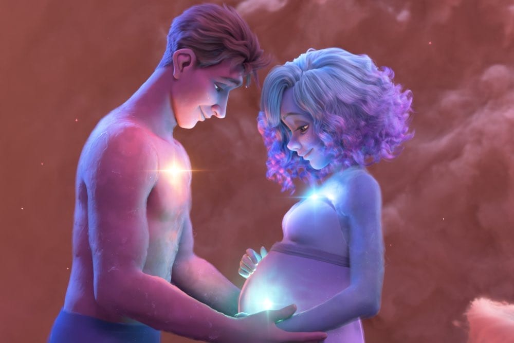 Animated couple with radiant hearts touch her pregnant belly at EPCOT Festival of the Arts, soft backdrop hints at Disney magic.
